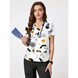 Cimmuovere Women's Winter Scrubs Halloween V-Neck Multi-Pocket Short-Sleeve Classic Fit Scrubs for Healthcare Workers & Laboratories