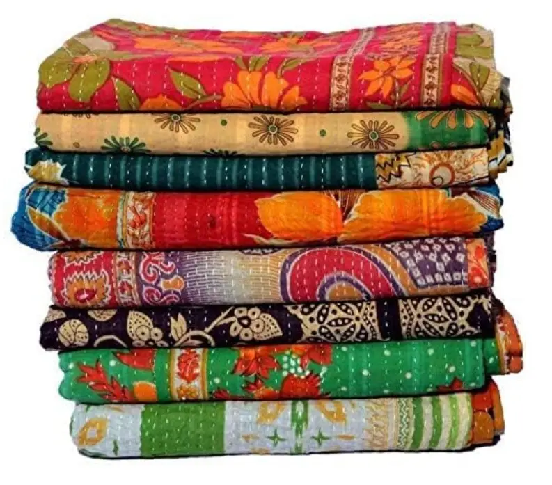 One Piece Vintage Kantha Quilts Reversible Bohemian Home Decor Handmade Indian Blanket Twin Size 85X55 Inches Assorted Multicolor