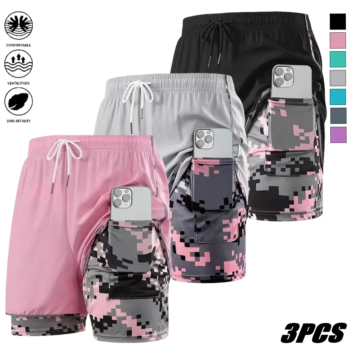 3-pack women’s summer quick-dry shorts: lightweight, breathable running shorts with an elastic waistband; 2-in-1 camouflage fitness shorts; casual athletic shorts suitable for running, yoga, and outdoor activities; ideal as a gift for women.