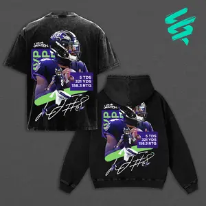 HOODIE T-SHIRT-BLACK-Lamar Jackson 8 MVP Flock Nation Outfit Retro Unisex Acid Washed Hoodie T-Shirt Action Jackson Ravens Fans Outfit Game Day Outfits Gift For Football Fans Football Graphic Tee