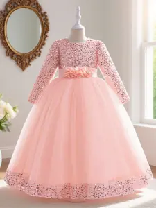 Girl's Appliques Contrast Sequin Bow Back Fit Flare Dress Fashion Elegant Long Sleeve Round Neck Dress for Party Wedding Guest Kids Clothes for All Seasons Fantasy Dresses