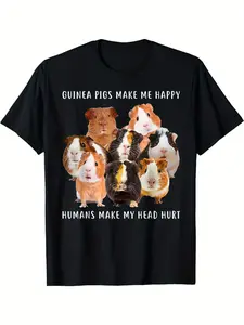 Men's Fun Guinea Pig Pattern T-Shirt - Slogan: "Guinea pigs make me happy, humans give me headaches." Black, casual, loose fit, colorful cartoon print, soft and breathable fabric. Humorous design | Fun style | Durable print.