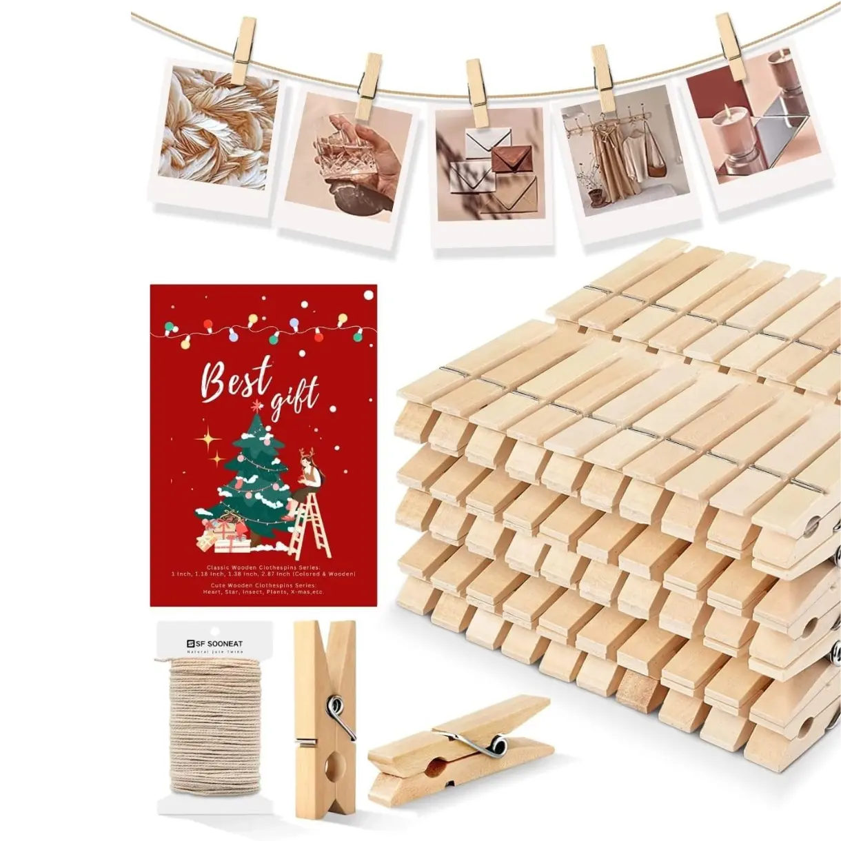 Mini Clothespins, Mini Clothes Pins for Photo, 100 Pack Wooden Small Clothes Pin with 32 FT Jute Twine String, Tiny Decorative Clothespin for Little Baby Shower Photos Clips Pictures Crafts Display