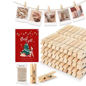 Mini Clothespins, Mini Clothes Pins for Photo, 100 Pack Wooden Small Clothes Pin with 32 FT Jute Twine String, Tiny Decorative Clothespin for Little Baby Shower Photos Clips Pictures Crafts Display