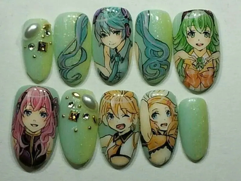 Anime Idol Handmade Press On Nails Hatsune Miku Kagamine Rin | Mint Green 3D Gem Character Inspired Nail Art | Reusable Luxury Gel False Nails with Gift Set (Adhesive Tabs, Nail File, Cuticle Stick) | Reusable Fake Nails