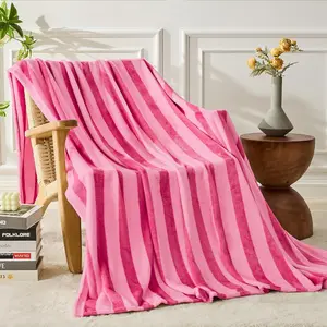 Striped Flannel Throw Blanket - Soft Cozy Striped Blanket for Couch, Sofa, or Bed - 50"x60", Hot Pink, All Season Use