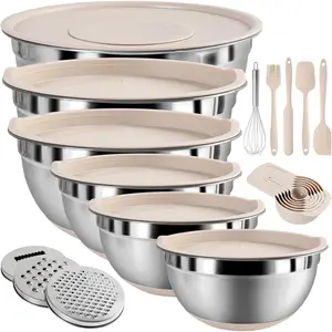 Mixing Bowls with Airtight Lids Set, 20 count Kitchen Gadgets Set, 6 Stainless Steel Bowls,3 Grater Attachments,Non-Slip  Bottoms, for Serving&Baking,Size 5, 4, 3.5, 2.1, 1.5, 1.1QT (Khaki)