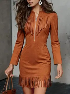 Fringe Trim Zip Front Suede Dress