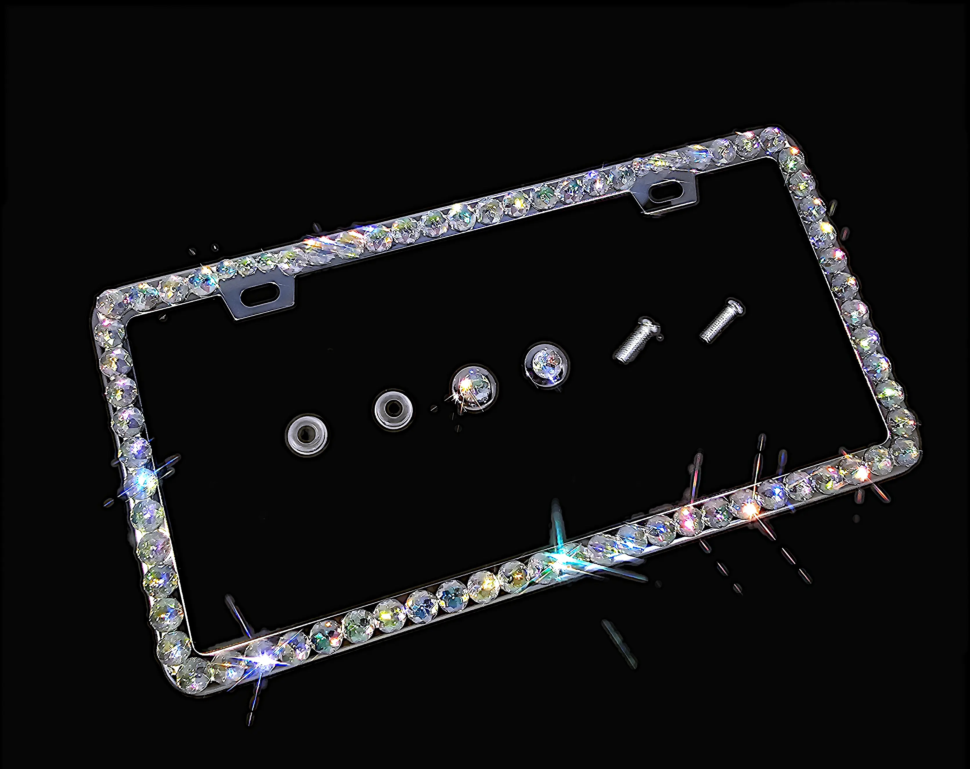 Dazzling Addiction 3D Bling License Plate Frame Big Chunky Rhienstones Clear AB Rainbow Made in USA Handmade 1 Row Holder Screw Caps Personalizable Customizable Customized White Bedazzled Sparkly Shimmering for Girls and Women 2 Holes Crystals Diamond