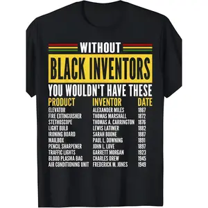 Men's Black Vintage African American Inventors Graphic T-Shirt - Crew Neck Short Sleeve, Lightweight Retro Letter Print with Historical Inventors List (Alexander Miles, Garrett Morgan, Thomas Edison)