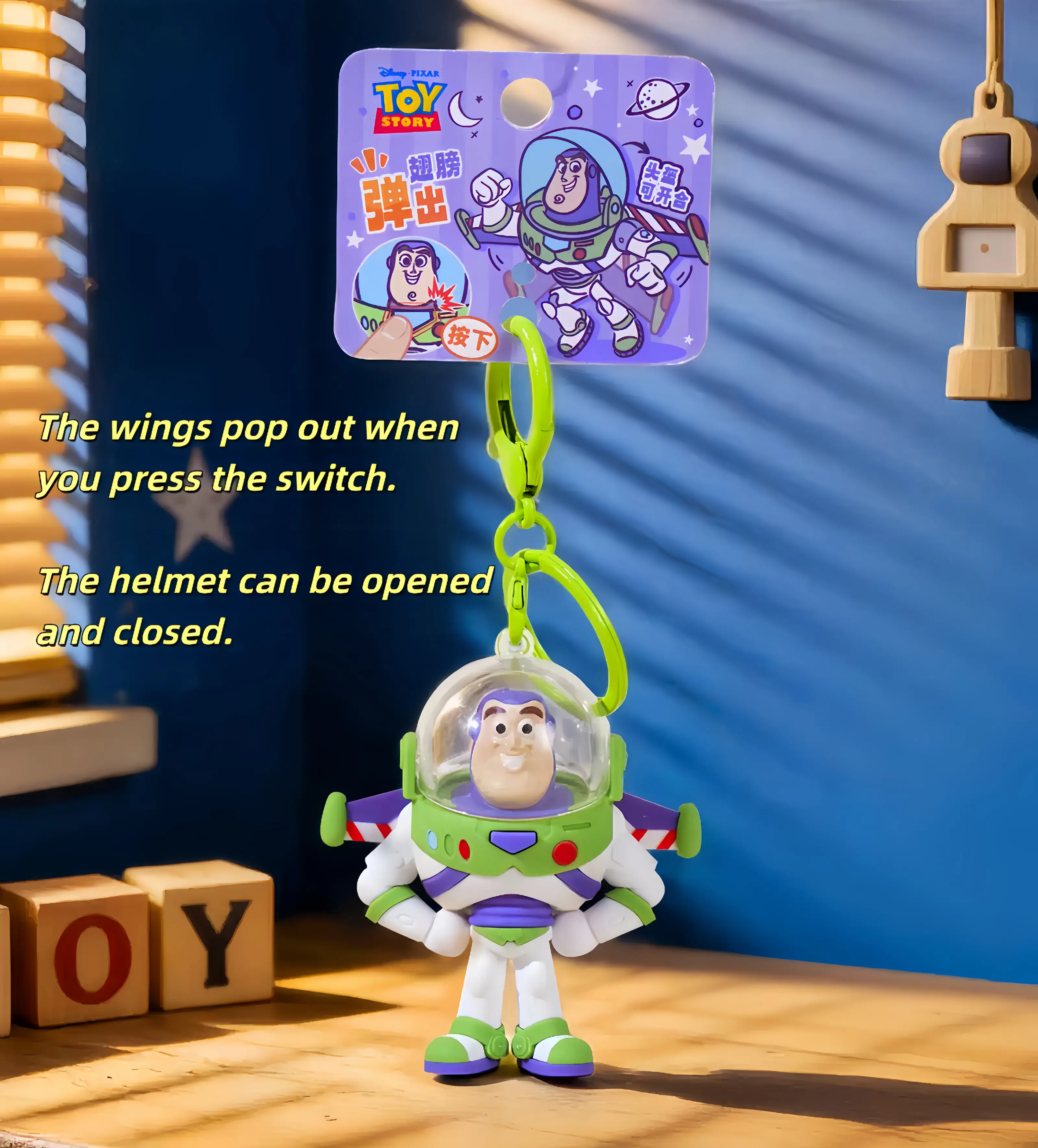 Disney Toy Story Buzz Lightyear Keychain - D-Shape Casual PVC Bag Charm, Sturdy 3D Retro Cartoon Space Ranger Figure with Interactive Helmet, Pop-Out Wings, Openable Helmet, Purple & Green Accents, Kids' Birthday Gift, Durable, Purple And Green Accents, S