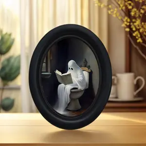 Vintage Halloween Ghost Reading on Toilet Decor, Rustic Charm, Handmade Wooden Display 5.25x4.16 Inches, Oval Tabletop Ornament for Halloween Christmas Thanksgiving