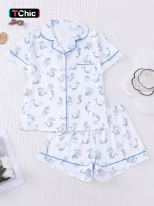 Women's Summer Sets, Mermaid Theme Printed Sleepwear Pajama, Casual Fitted Short Sleeve Top & Elastic Shorts, Perfect Gift