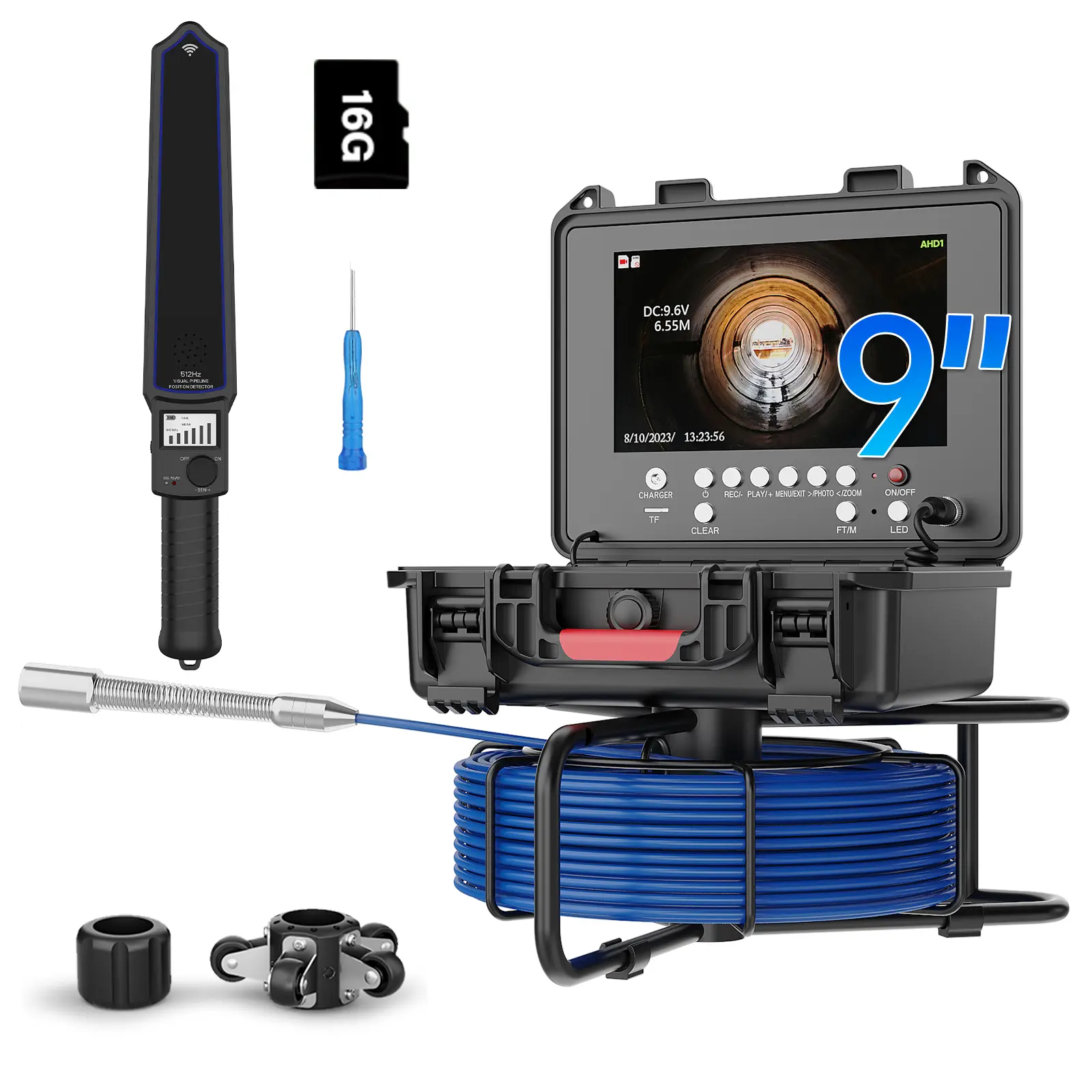 Sewer Camera Self-leveling with Locator, 512Hz Drain Camera with Distance Counter, Waterproof 100FT/30M Pipe Camera with 9" Screen, 1080P, 23mm/0.9in Borescope Inspection Camera for Plumbing