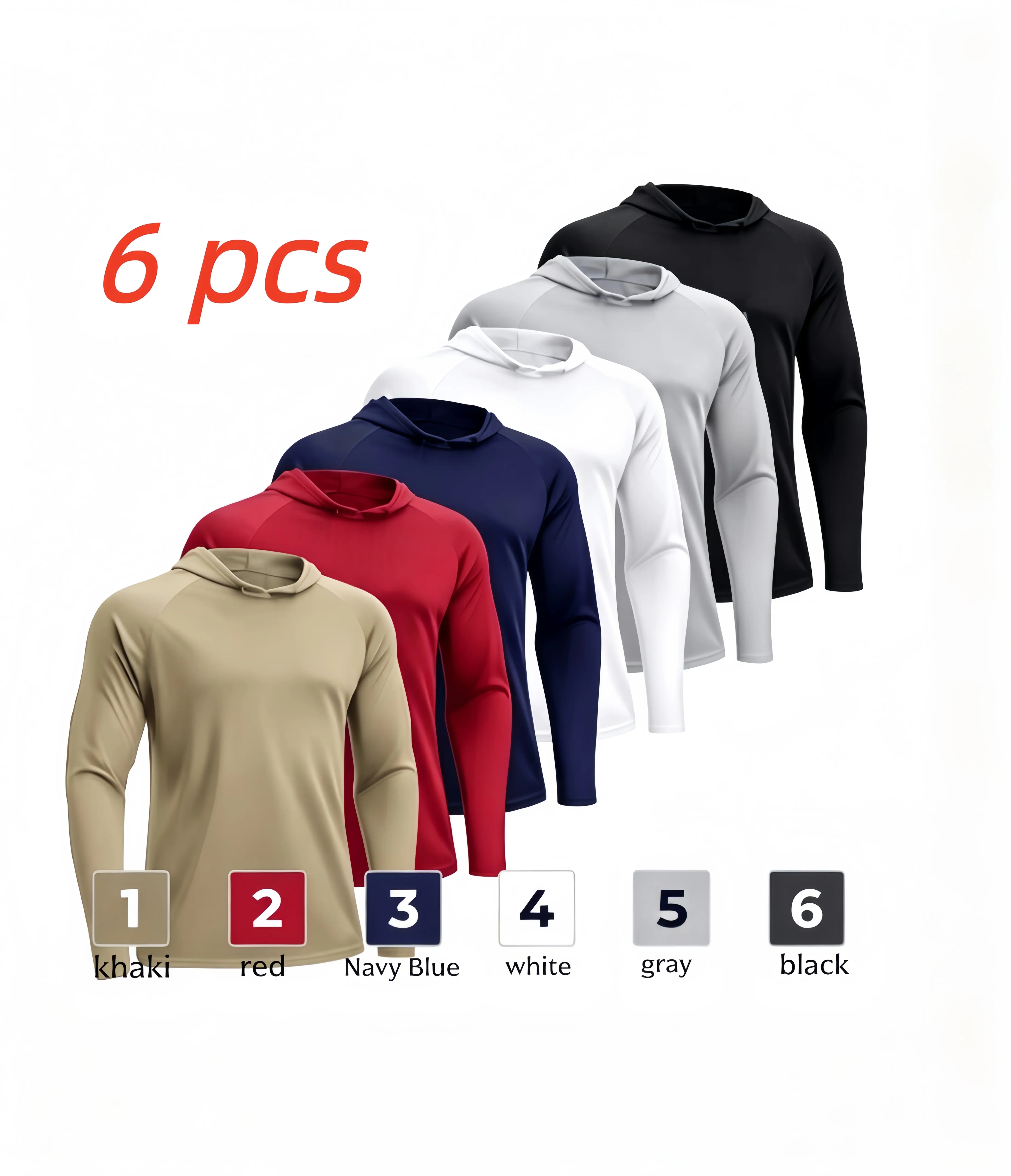 6‑Pack Men's Athletic Hoodies Long‑Sleeve, Dry‑Fit Sun‑Protection Lightweight Rash‑Guard Performance Fishing Hooded Shirts, Cooling All‑Season Casual Sportswear Workout Tops, Suitable for Running, Cycling, Gym, Fishing, Outdoor Sports, Travel & Camping