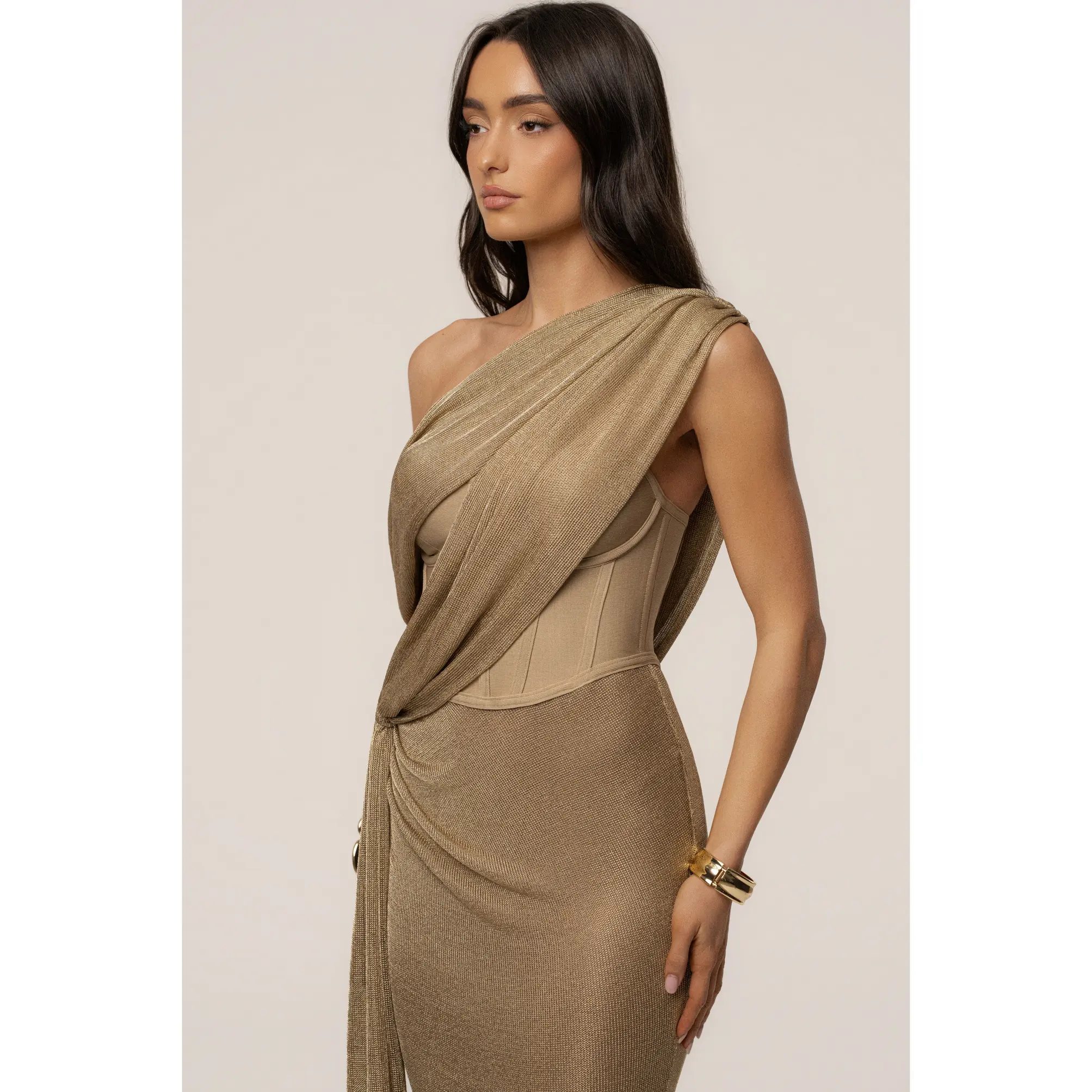 gold lame wrap dress Glimmer & Gold: Metallic Wrap-Front Mini Dress – PreLoved Pitaras main image 0