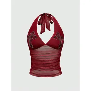 Gothic halter top with rhinestone mesh, side ruching, designed for a carnival fabric fit