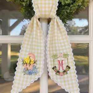 Personalized Easter Wreath Sash, Embroidered Bunny Chick Monogram, Toile Lace Trim