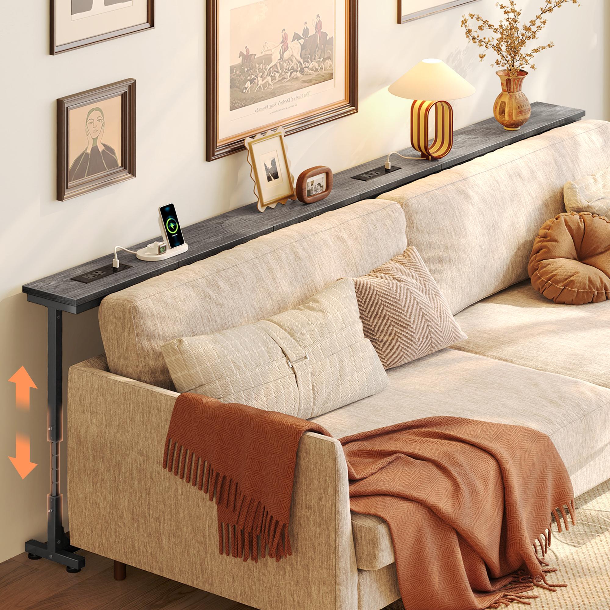 Huuger 78.7/39.4/51.2/102.4/110.2 Inch Behind Couch Table with Power Outlets, 23.9’’-34.4’’ Height Adjustable Range, Sofa Tables Narrow Long with USB-C Ports, Skinny Console Table