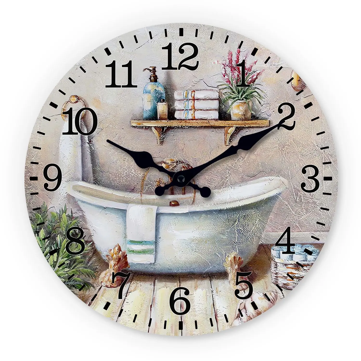 Wooden Bathroom Scene Clock, Silent 10-14 Inch Wall Clock, Aa Battery Powered, Ideal for Aesthetic Rooms, Bathrooms, Bedrooms