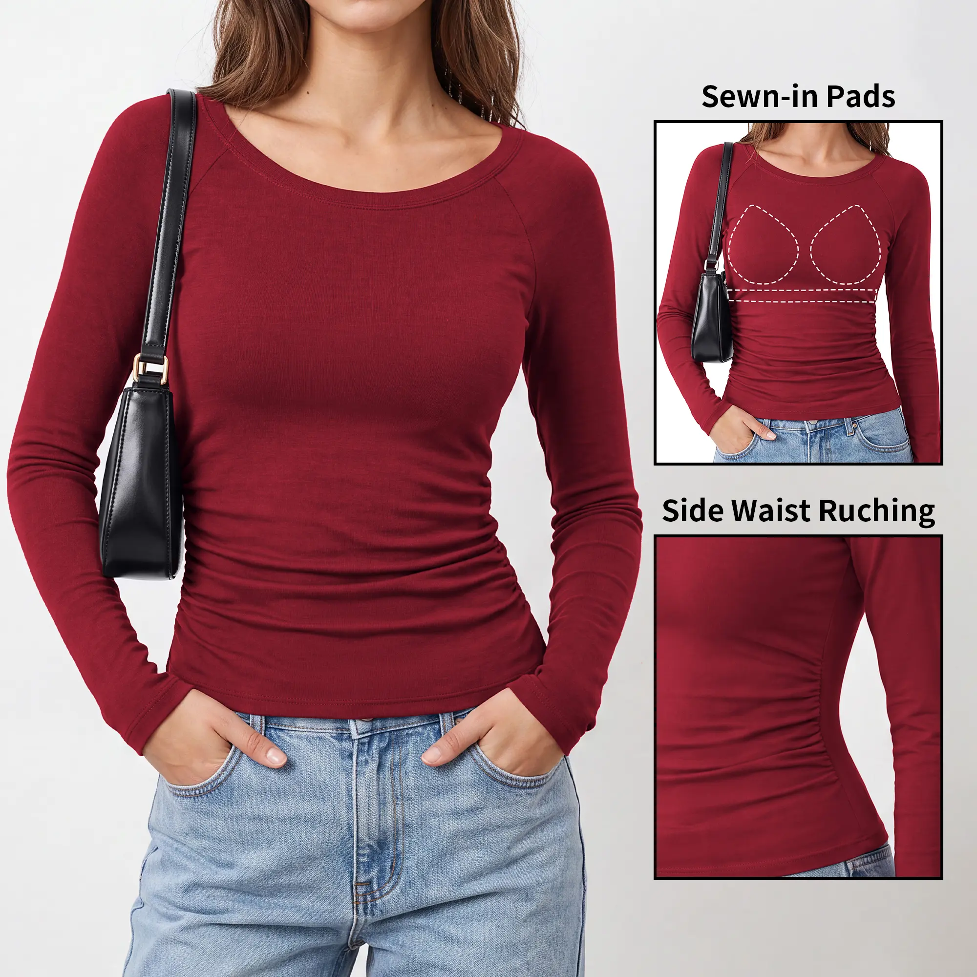 ATTRACO Women's Casual Long Sleeve Seam Padded Round Neck Top - Slimming Basic Outing Shirt Winter&Autumn Seamless Built in Bra