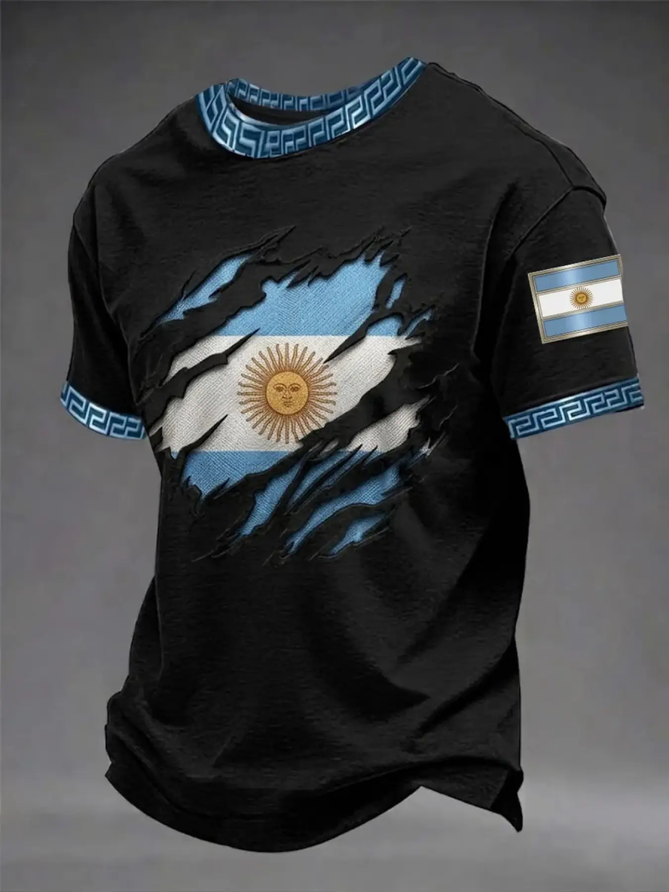 Argentina Flag Ripped Effect Soccer T-Shirt, Soccer Shirts, Sports Tees, Sports Tops, Athletic Tops, Teen Football Fan Short Sleeve, Trendy Youth Top, Argentina Theme Streetwear, Sportswear, Suitable for Teens