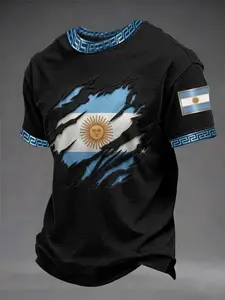 Argentina Flag Ripped Effect Soccer T-Shirt, Sports Tees, Teen Football Fan Short Sleeve, Trendy Youth Top, Argentina Theme Streetwear, Suitable for Teens