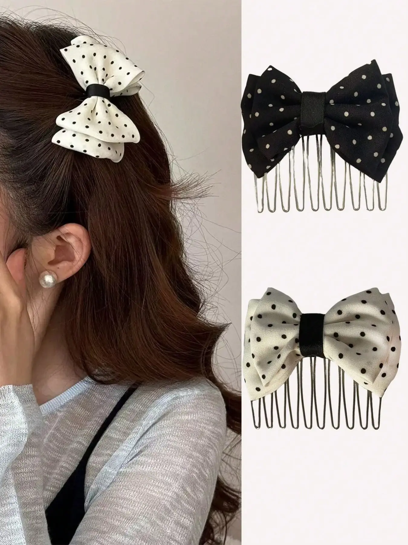 2-Pack Women's Sweet Elegant Korean Polka Dot Bow Hair Comb, and Fabric Insert Comb, Lazy High Forehead Frizz Organizer