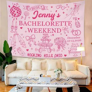 Custom Bachelorette Party Banner Tapestry, Personalized Party Wall Hangings Tapestries, Print Name/Location/Date On Background Cloth, Durable Peach Skin Fabric, Indoor/Outdoor Use, Unique Party Decor Gift For The Bride
