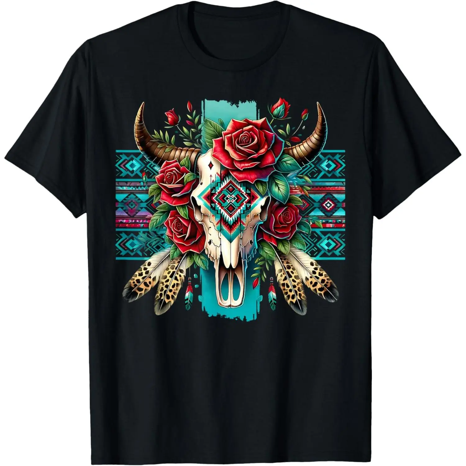 Women's Vintage Western T-Shirt with Aztec Floral Bull Skull Graphic, Casual 100% Cotton Short Sleeve Top for Everyday Streetwear