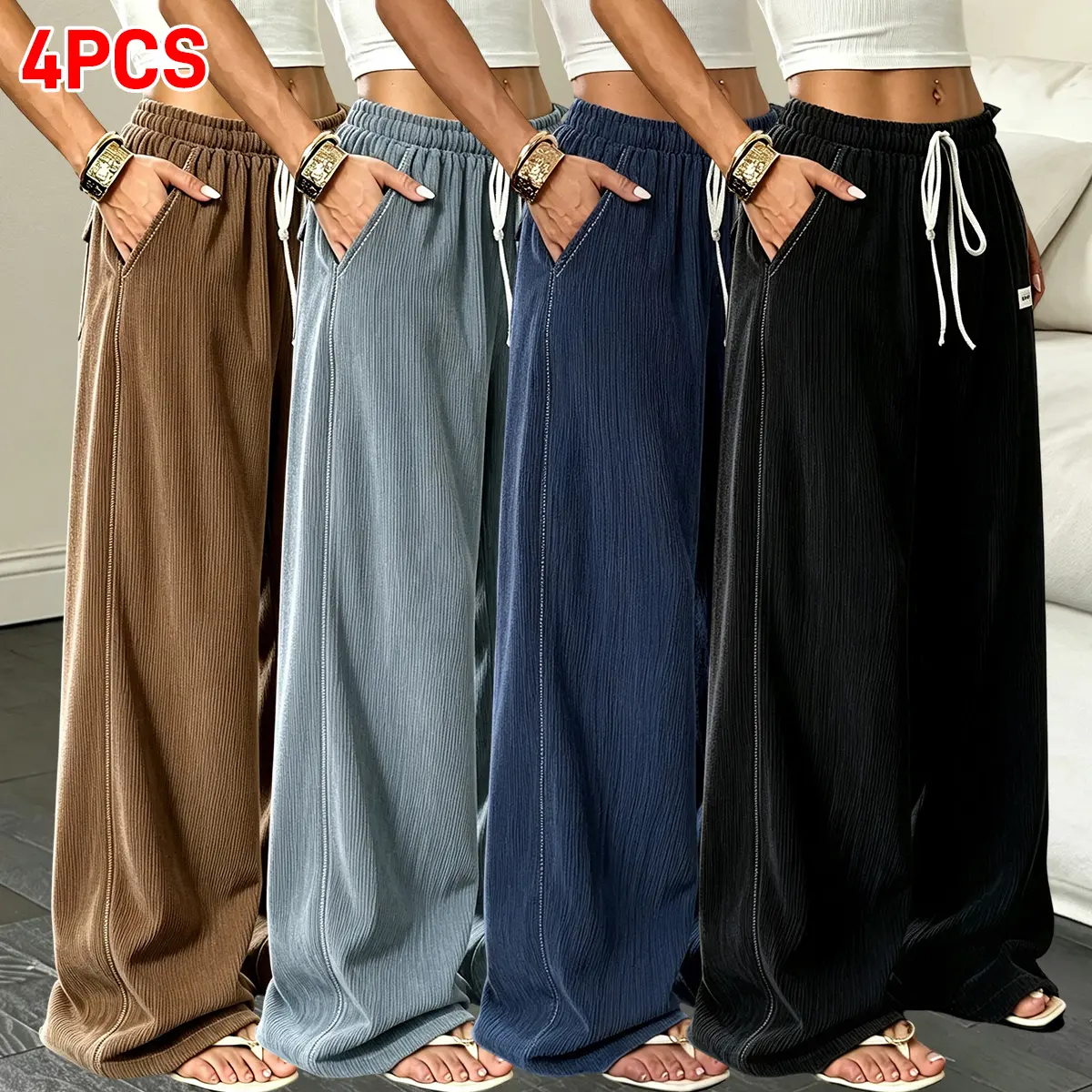 JOGWAVE 4PCS men’s corduroy loose long pants, new men’s corduroy casual long pants with a straight cut, solid color, drawstring pockets, breathable and comfortable, suitable for everyday wear, fashionable casual autumn/winter new corduroy pants with an el