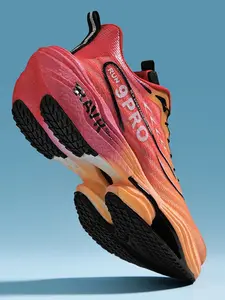 Parent - Child Fluorescent Green Carbon Plate Popcorn Sole Running Shoes, Sporty Running Shoes, Tech Sports Style, Breathable Mesh Material, Carbon Plate Shock Absorption, Comfortable on Feet, Ideal for Parent - Child Running & Professional Training