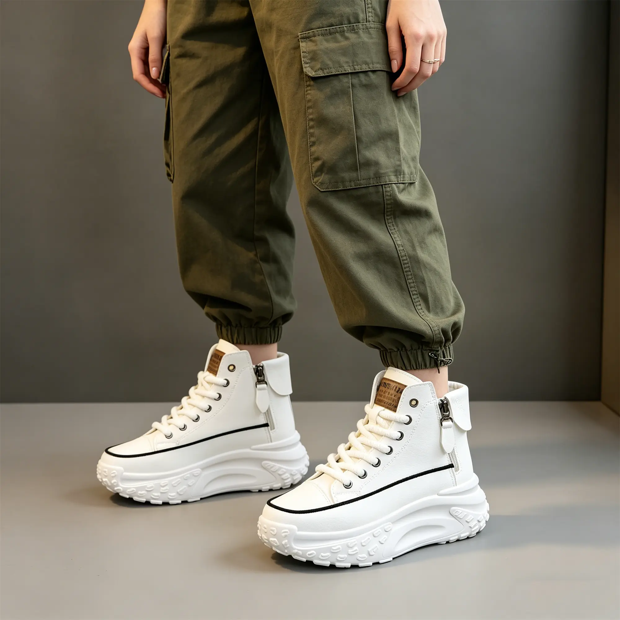 Spring outdoor shoes for women, women’s high-top chunky platform sneakers with side zipper, non-slip thick sole hiking boots—fashionable and comfortable everyday casual footwear.