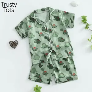 Trusty Tots  Kids Boys Summer Clothes Outfits Dinosaur Print Turn-Down Collar Short Sleeve Shirts and Elastic Waist Shorts Suit Girls Kids Cotton Pajamas Short Sleeve (front buttons)