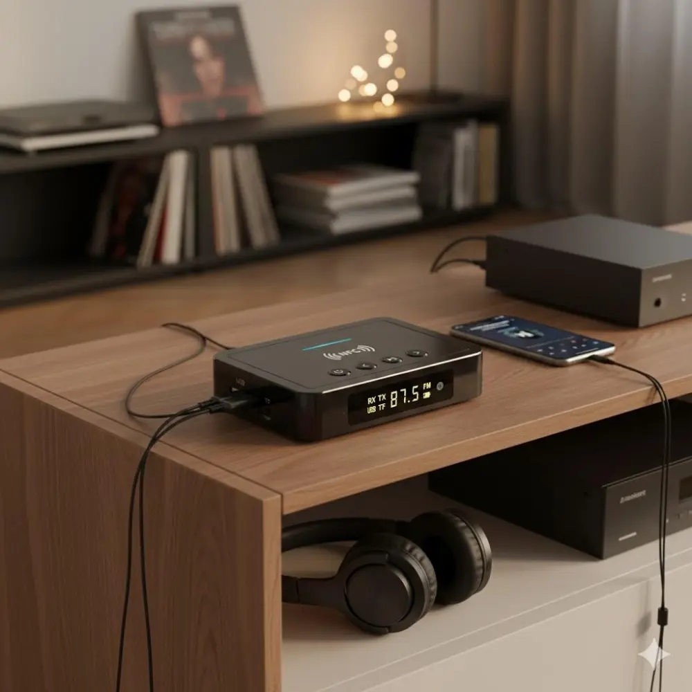 Bluetooth 5.0 Audio Adapter Transmitter Receiver Wireless Hi-Fi Stereo Converter for Car Home Theater. Supports AUX Optical USB RCA Devices Streaming Music Audio.