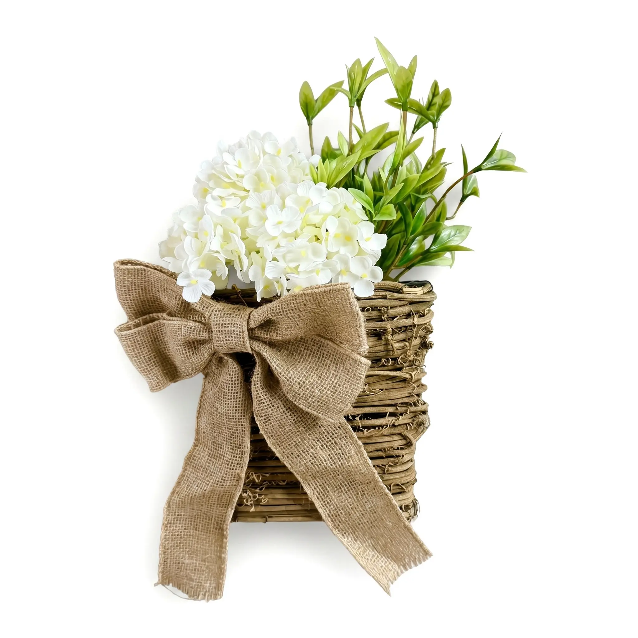 Artificial Hanging Basket, Woven Rustic Farmhouse Decor with White Hydrangea, Hangable Home Decorative Ornament for Front Door