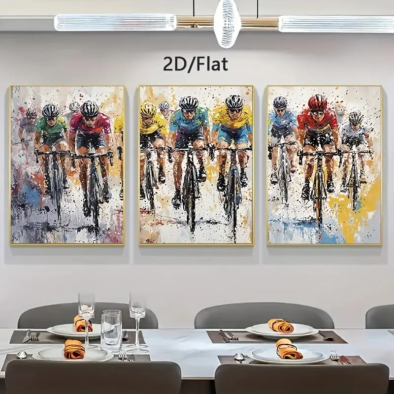 2D Flat 3pcs Dynamic Road Bike Racing Canvas Art Set - Poster, 2D Flat Sports Wall Decor, Suitable for Home, Bar, Cafe, Bedroom, Decoration
