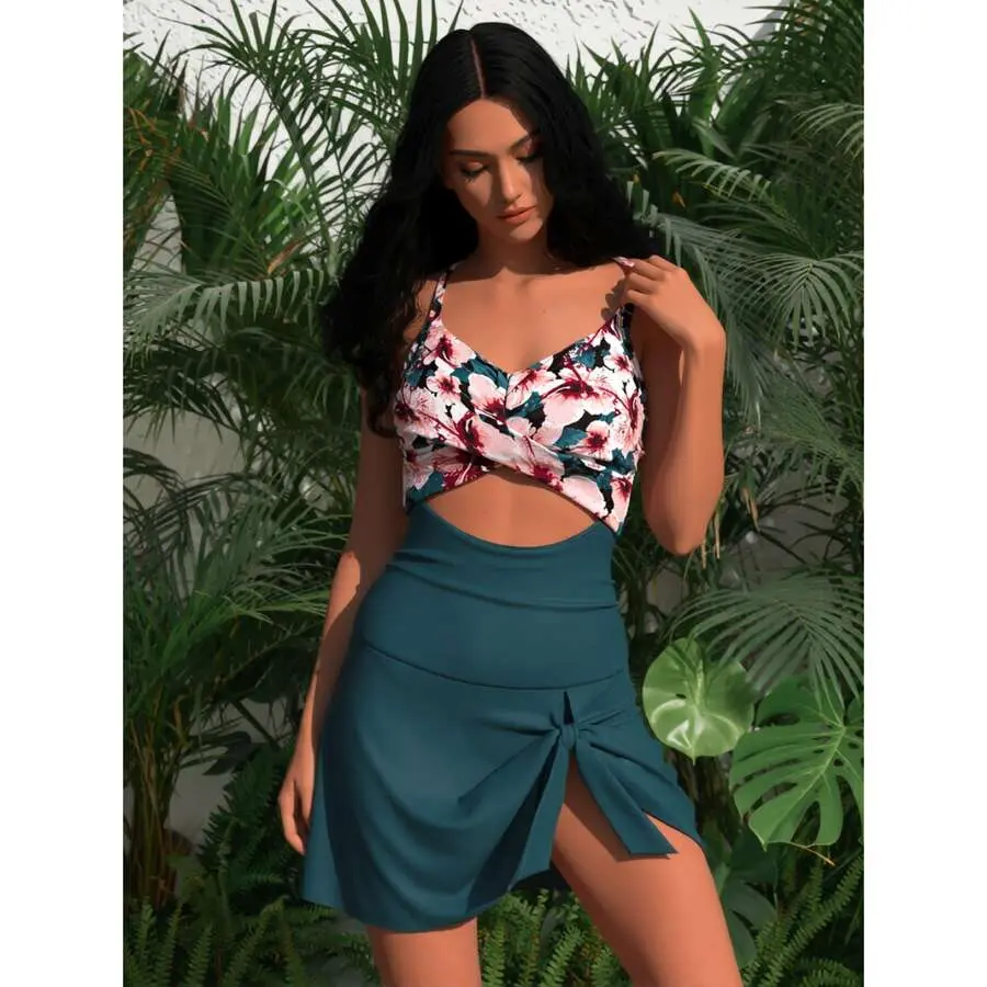 Women's Ditsy Floral Cut-Out Skirted Swimdress - Adjustable Tie-Front, Figure-Flatter, Retro Vintage Style for Beach, Poolside Wear