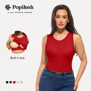 Popilush Women's Sleeveless Tank Top, Burgundy Fitted Crew Neck Crop Top, Soft Stretchy Casual Workout Shirt for Summer