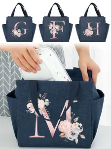 Floral & Letter Pattern Lunch Bag, Large Capacity Cooler Bag, Waterproof Student Lunch Handbag, Thermal Lunch Bag, Portable Insulated Camping Picnic Bag, Durable Lunch Bag, Reusable Lunch Bag