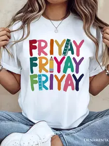 Women'S Friday Teacher T-Shirt - Soft Breathable Crew Neck Tee with Colorful "FRIYAY" Graphic - Lightweight Casual Short Sleeve Top for Teachers, Weekend Outfits, Spring Summer Fall Casual Attire & Friday Celebrations - White Shirt with Multicolor Letteri