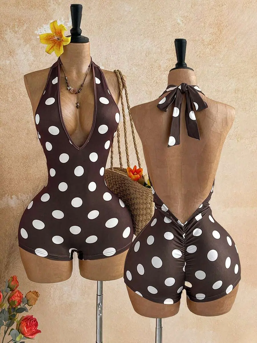 Retro Brown Polka Dot Print V-Neck Halter Open Back Ruched Jumpsuit for Beach Cruise Holiday Boho Vacation Wear