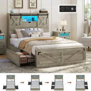 Sikaic Twin Size Bed Frame with 2 Storage Drawers and LED Lights Rustic Oak Farmhouse Wooden Platform Bed with Charging Station Bedroom Bedframe Bedroom Furniture