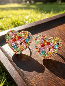 2pcs Colorful Rhinestone Heart Stud Earrings, Hollow Crystal Love Earrings, Y2K Vintage Sparkly Jewelry for Women