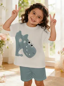 Soft and cute little dinosaur sleeping set with digital printing, 100% polyester baby short-sleeve set, lovely baby girl casual clothing, suitable for daily and outdoor sports T-shirts, a perfect gift for babies and infants, Soft Sleepwear Loungewear