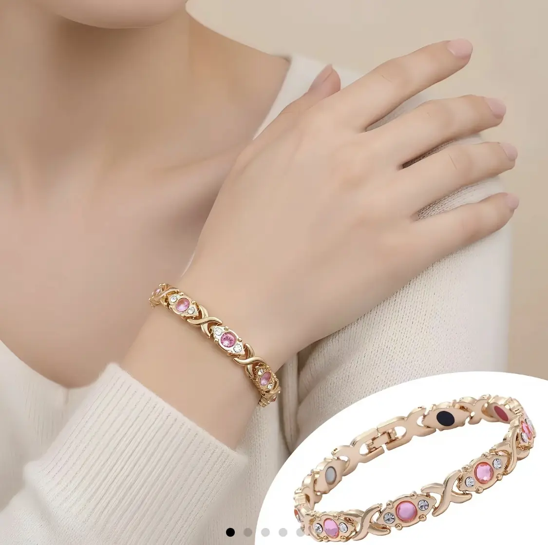 Women's Rose Gold X-Link Pure Copper Magnetic Bangle Bracelet - Inlaid Pink Crystal Rhinestones, 3500 Gauss Magnets, Ideal Mother’s Day/Birthday Gift for Women, Daily Casual Outdoor Accessory