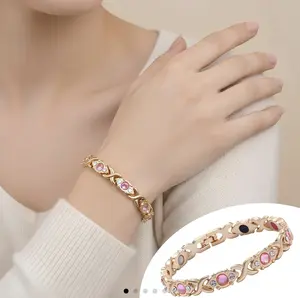 Women's Rose Gold X-Link Pure Copper Magnetic Bangle Bracelet - Inlaid Pink Crystal Rhinestones, 3500 Gauss Magnets, Ideal Mother’s Day/Birthday Gift for Women, Daily Casual Outdoor Accessory