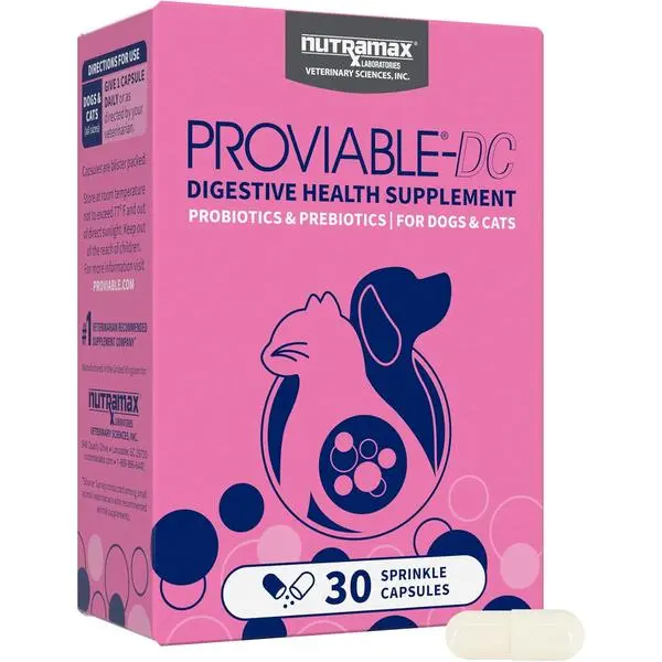 Proviable Probiotics for Dogs and Cats, Daily Digestive Health Supplement with Multiple Strains of Bacteria, Cat and Dog Probiotics Plus Prebiotics, 30 Capsules