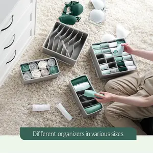 Four-Piece Makeup Vanity Organizer Box, Foldable Fabric Grid Storage Box, Bedroom Closet Underwear Socks Tie Holder, Breathable Multi-Grid Storage Set