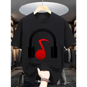 Men's Summer Short Sleeve T-Shirt - Black Geometric Headphones Graphic Print, Loose Fit, Slightly Stretchable, 180gsm Knit Fabric, Perfect for Casual Wear